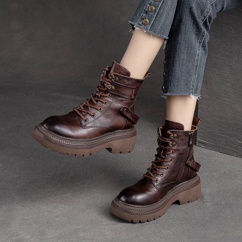 683 lace -up Martin boots autumn and winter retro short boots head layer cowhide thick bottom British style fashion Roman boots female