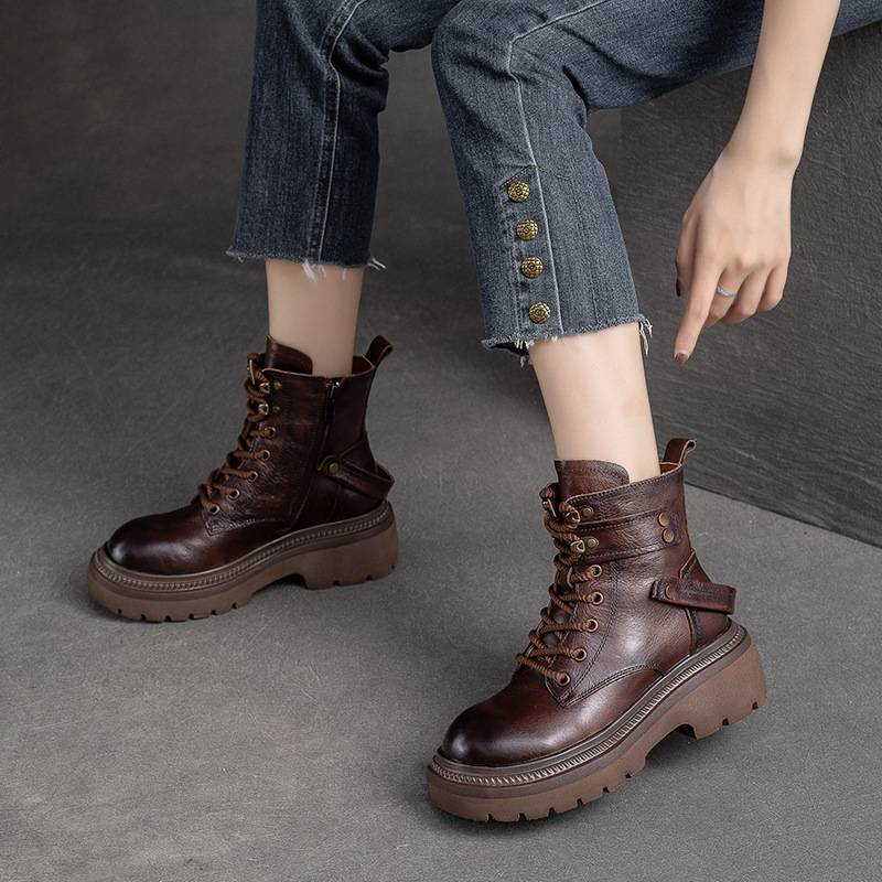 683 lace -up Martin boots autumn and winter retro short boots head layer cowhide thick bottom British style fashion Roman boots female