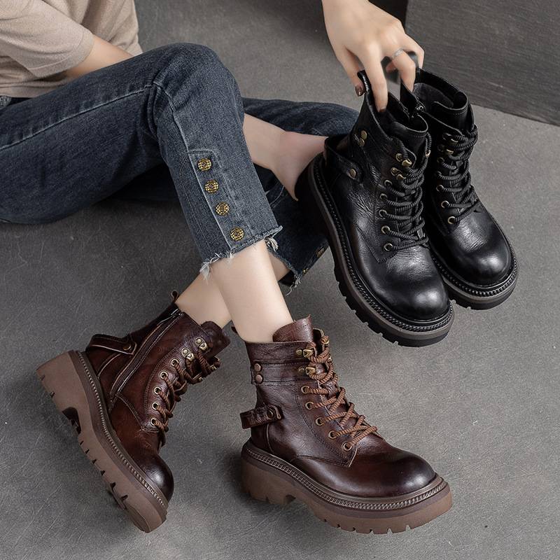 683 lace -up Martin boots autumn and winter retro short boots head layer cowhide thick bottom British style fashion Roman boots female