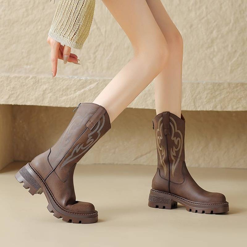 Retro embroidery V mouth Martin boots female summer black thick heel net red desert boots short boots in western denim boys in western denim women