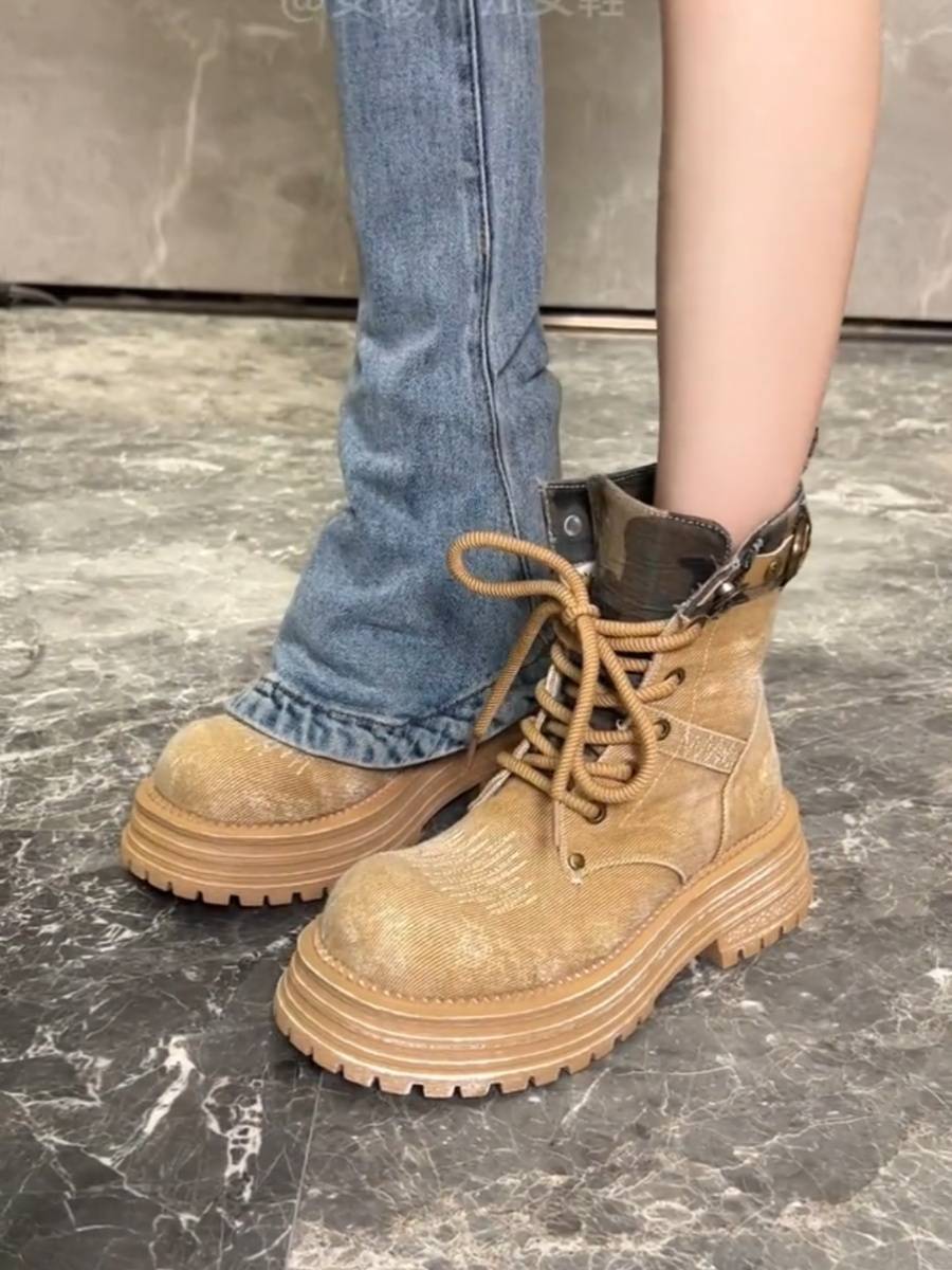 Retro breathable versatile thick -bottomed denim boots Martin boots female 2024 summer new British style worker short boots female boots