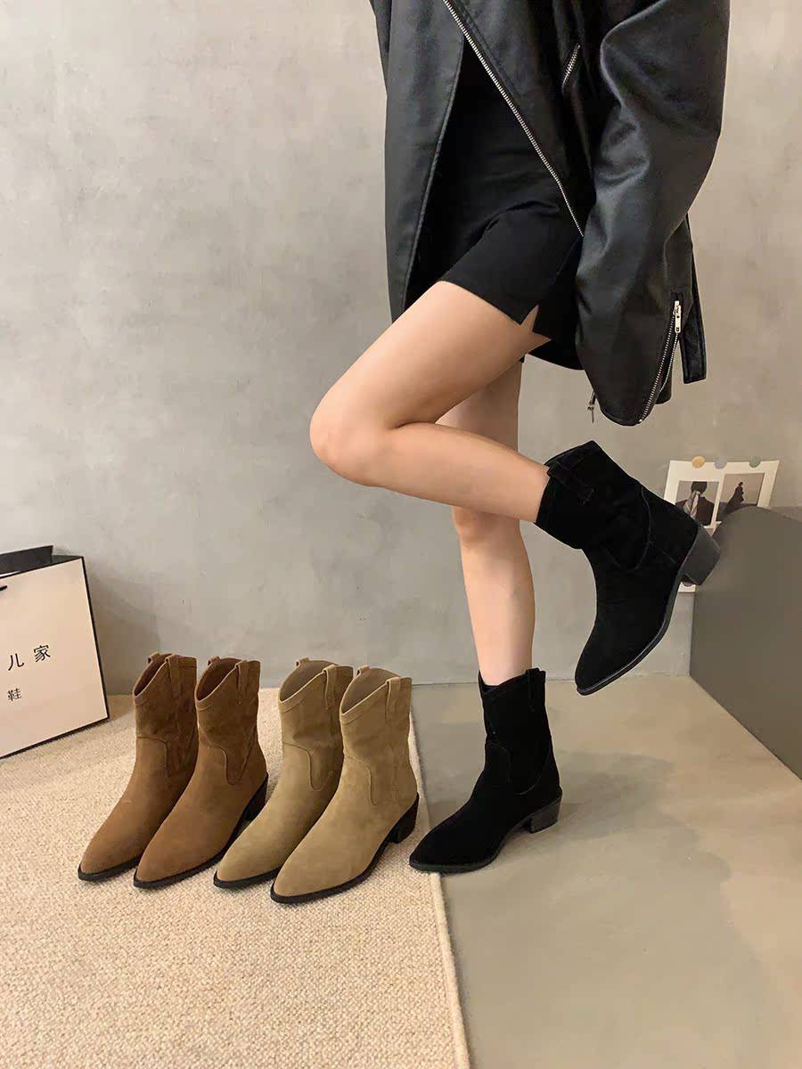 Thick heel pointed retro brown cowboy boots women's shoes 2024 new V -port short boots spring and autumn single boots