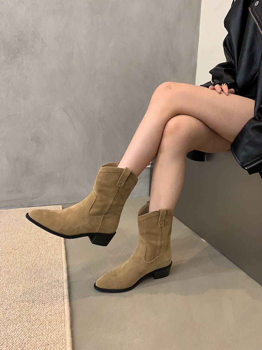 Thick heel pointed retro brown cowboy boots women's shoes 2024 new V -port short boots spring and autumn single boots