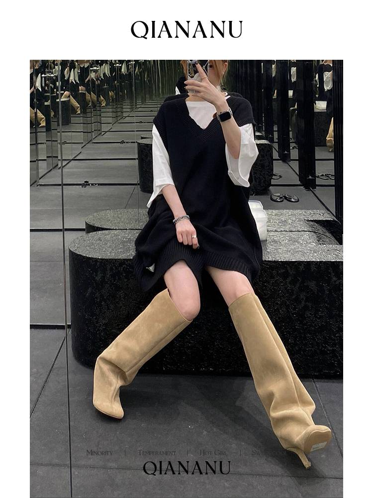 MM niche no knee knight boots women's real suede frosted retro pants pipe boots boots high heel western denim boots