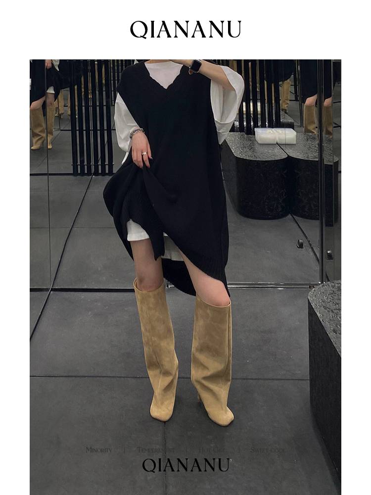 MM niche no knee knight boots women's real suede frosted retro pants pipe boots boots high heel western denim boots
