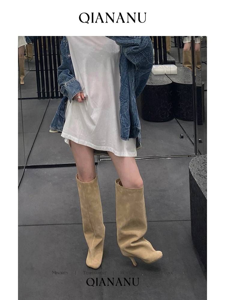 MM niche no knee knight boots women's real suede frosted retro pants pipe boots boots high heel western denim boots