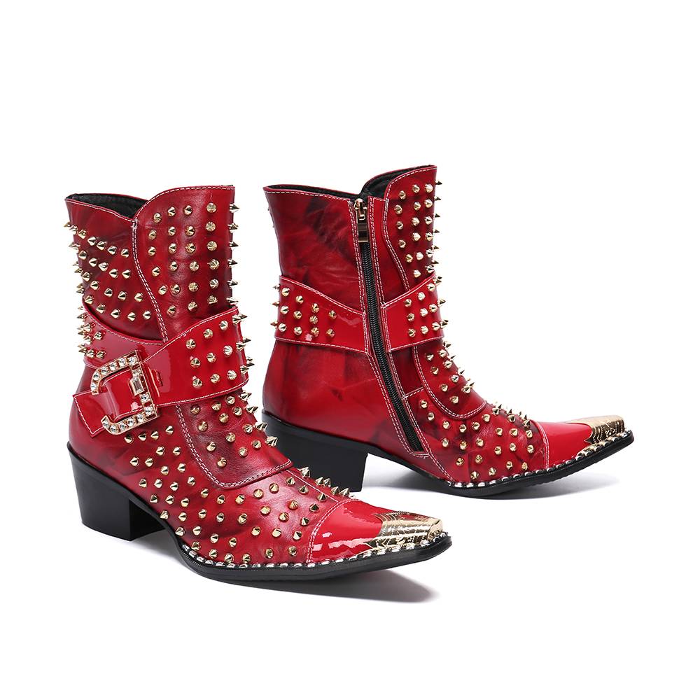 Personal rivet iron pointed boots red 6.5 high -heeled British leather boots stage actor black trend boots