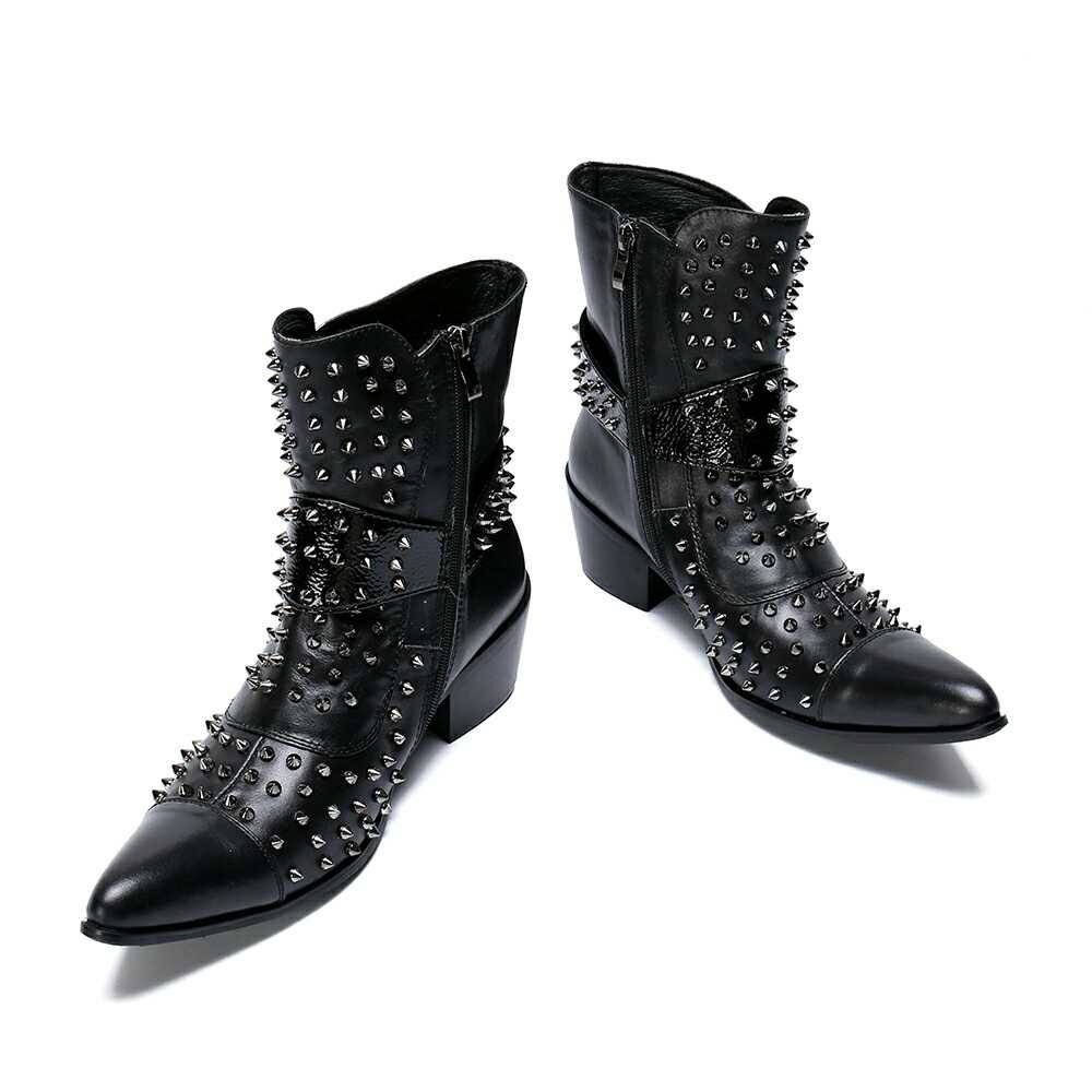 Personal rivet iron pointed boots red 6.5 high -heeled British leather boots stage actor black trend boots