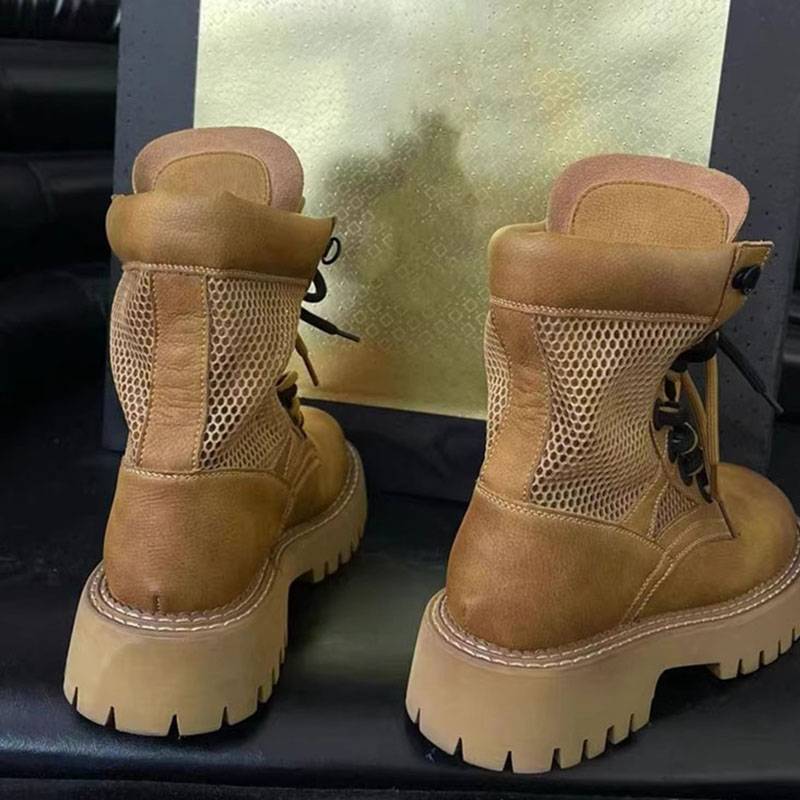 The first layer of skin summer net boots female 2023 new outdoor wind locomotive boots thick bottom loose cake as old retro Martin boots