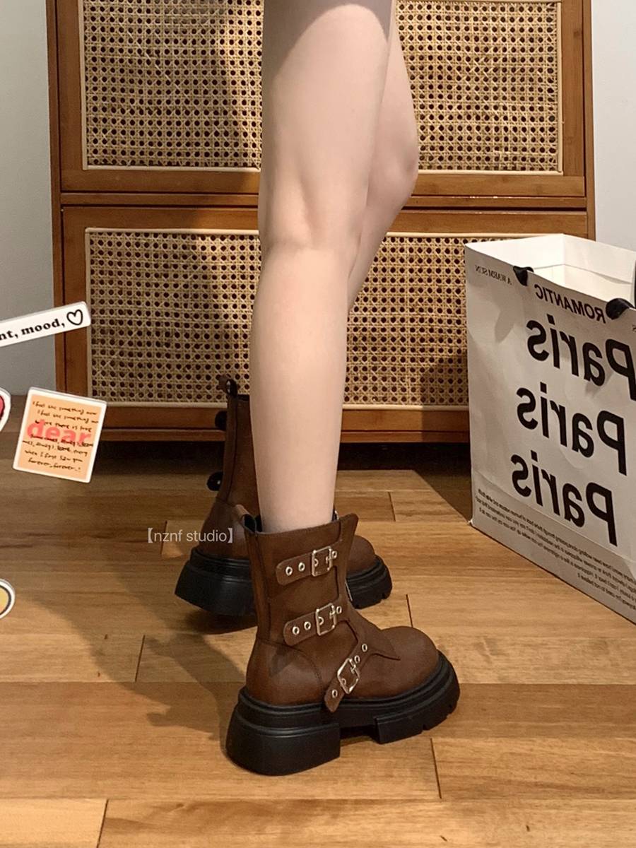 Huiran British style brown thick sole Martin boots female summer 2024 new thin models in western denim nipple boots