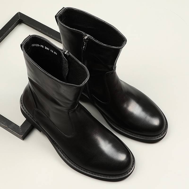 Mid -boots, cowhide horse boots, high boots, round head leather boots inner zipper, windbreaker boots business round head Martin boots male
