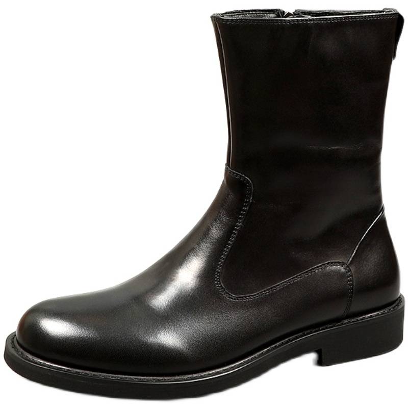 Mid -boots, cowhide horse boots, high boots, round head leather boots inner zipper, windbreaker boots business round head Martin boots male