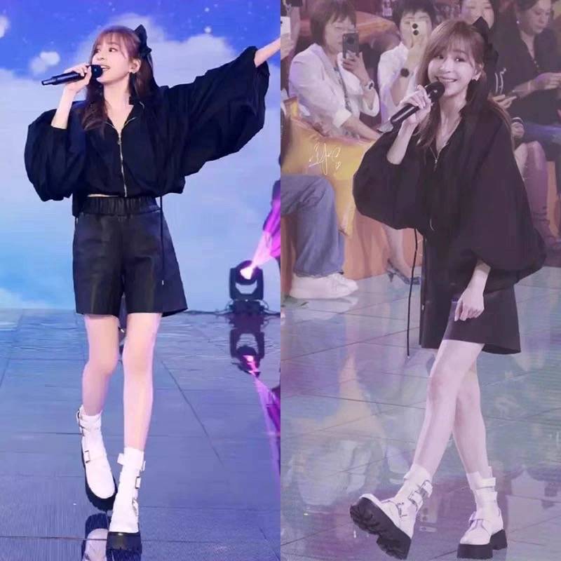 Wang Xinling Yang Mi, the same loose cake thick bottom hollow cold boots, female leather motorcycle Martin boots, thick heels, thin boots tide