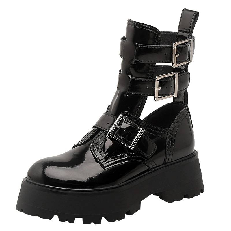 Wang Xinling Yang Mi, the same loose cake thick bottom hollow cold boots, female leather motorcycle Martin boots, thick heels, thin boots tide