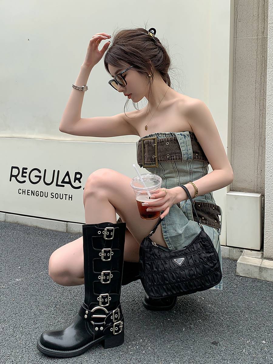 Mixiaon Mi Xiao Nuo boots Children Xia Ban Western denim boots in the heels of the heels of the heels of the leather boots