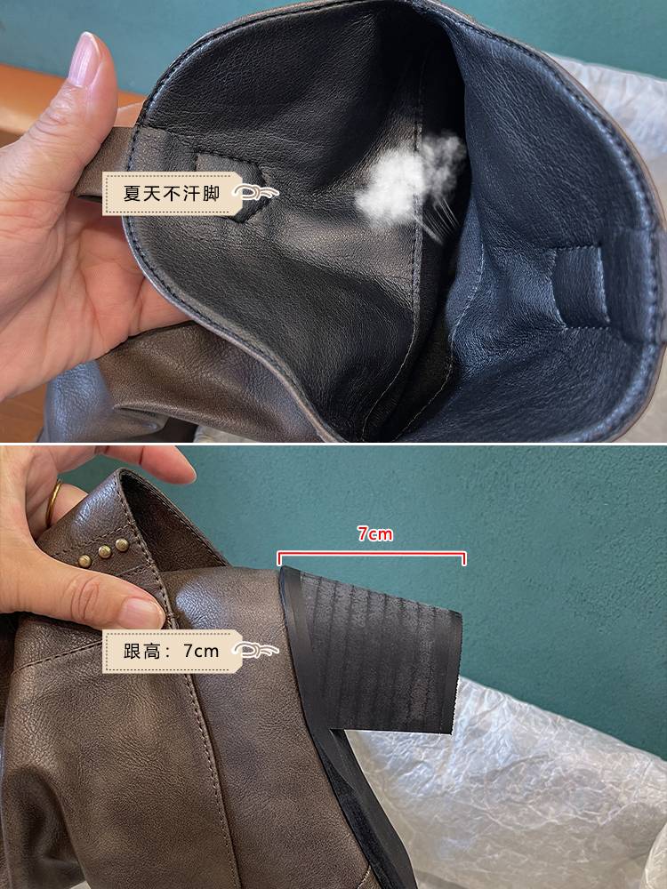 Big tube pants pipe boots female pointed V -mouth brown boot rivet leather long cylinder knight western denim boots
