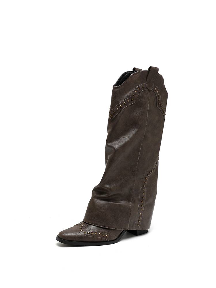 Big tube pants pipe boots female pointed V -mouth brown boot rivet leather long cylinder knight western denim boots