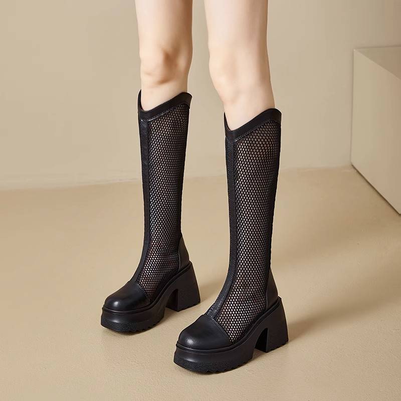 Leather long boots female 2024 summer thin net yarn hollow breathable boots single boots, small thick heel rough heels