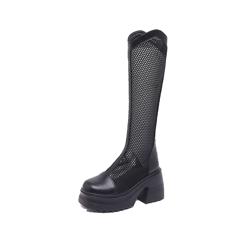 Leather long boots female 2024 summer thin net yarn hollow breathable boots single boots, small thick heel rough heels