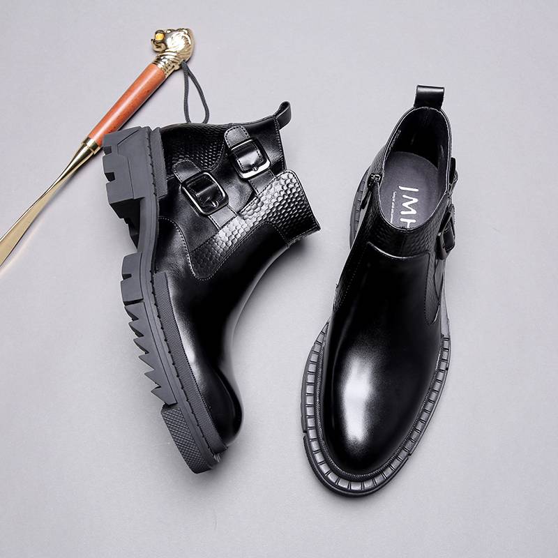 Fried Street thick -bottom Martin boots male high gang British leather thick sole large scalp shoes Mongolian horse boots Tibetan button leather boots