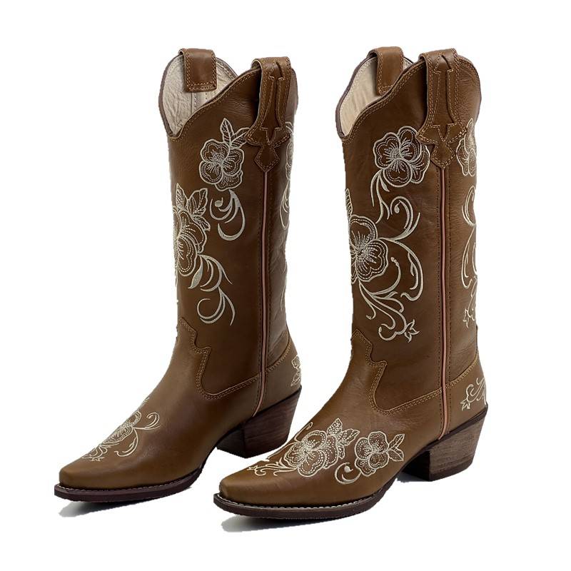 Special offer Brown Western denim boots, pointed women's boots, cowhide Knights, hoe boots embroidery sleeve rough heel