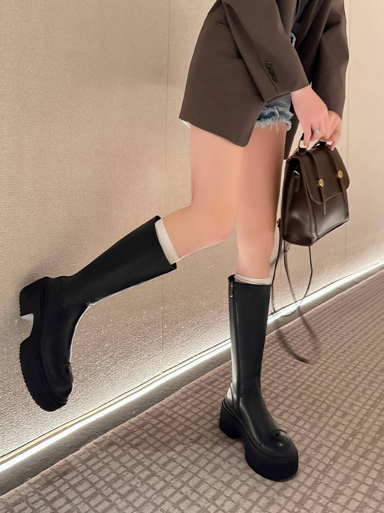 Cross Flower thick Martin boots female 2024 autumn and winter new Yang Yuzhuang Yang Yuzhuo the same wild horse boots rhubarb boots motorcycle boots