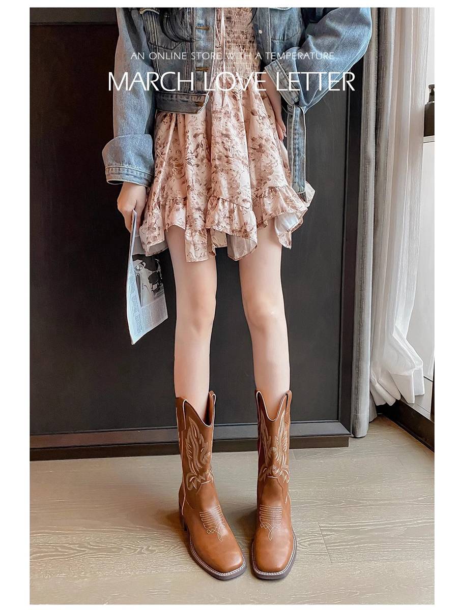 Leather Western denim boots embroidered knight boots Martin boots long brown brown Xinjiang Merad boots women summer