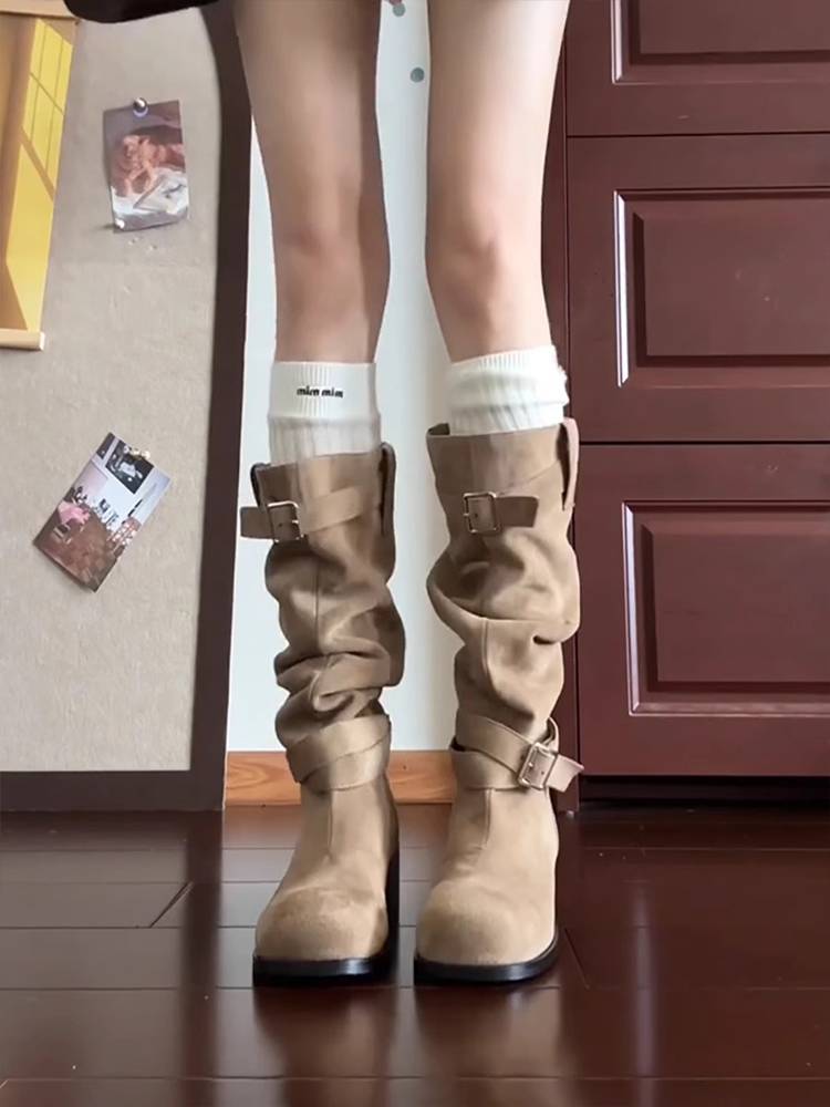 Cowhide version ~ Western denim boots female belt buckle boots, but knee pile boots, thick heels, thin long cylinder knight boots