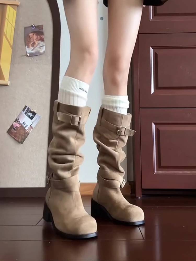 Cowhide version ~ Western denim boots female belt buckle boots, but knee pile boots, thick heels, thin long cylinder knight boots