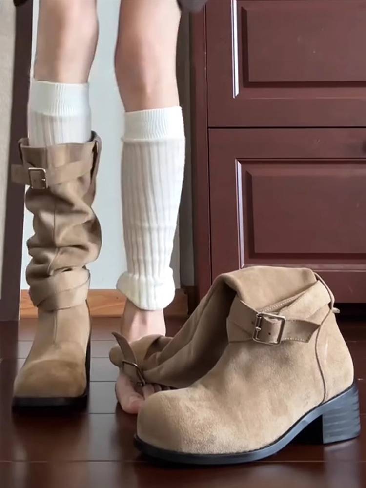 Cowhide version ~ Western denim boots female belt buckle boots, but knee pile boots, thick heels, thin long cylinder knight boots