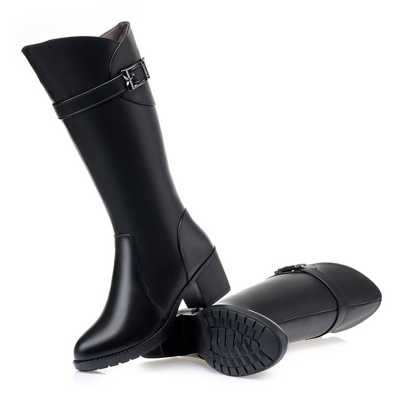 Winter leather boots female warm wool and velvet high -heeled medium heels in the leather boots mothers women's boots thick heel middle -aged horse boots
