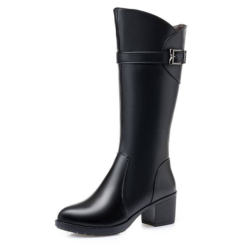 Winter leather boots female warm wool and velvet high -heeled medium heels in the leather boots mothers women's boots thick heel middle -aged horse boots