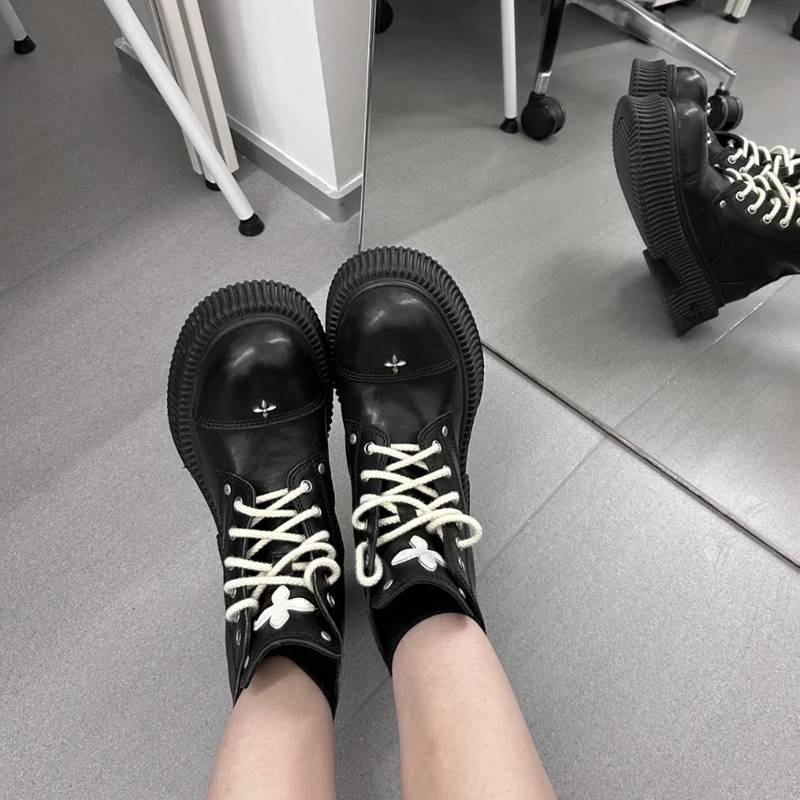 Cross Flower Black thick Martin boots female 2024 new lace -up real cowhide desert boots hot girl boots short boots female