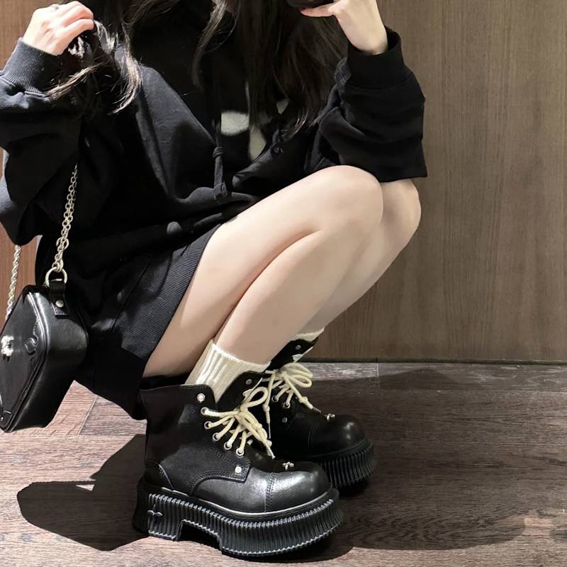 Cross Flower Black thick Martin boots female 2024 new lace -up real cowhide desert boots hot girl boots short boots female