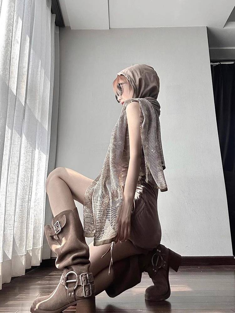 2024 new side head thick heels of western denim boots Knight boots waste soil wind and wind in summer thin air breathable piles boots female