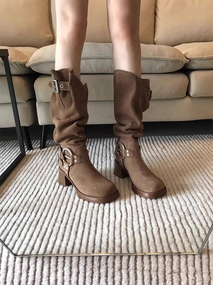 2024 new side head thick heels of western denim boots Knight boots waste soil wind and wind in summer thin air breathable piles boots female