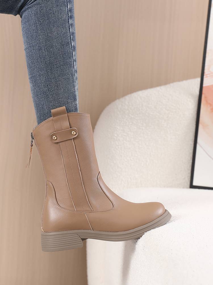 Mid -boots female 2023 new autumn and winter flat bottom bottom soles of Martin boots leather female boots all cowhide soft bottom boots Knight boots