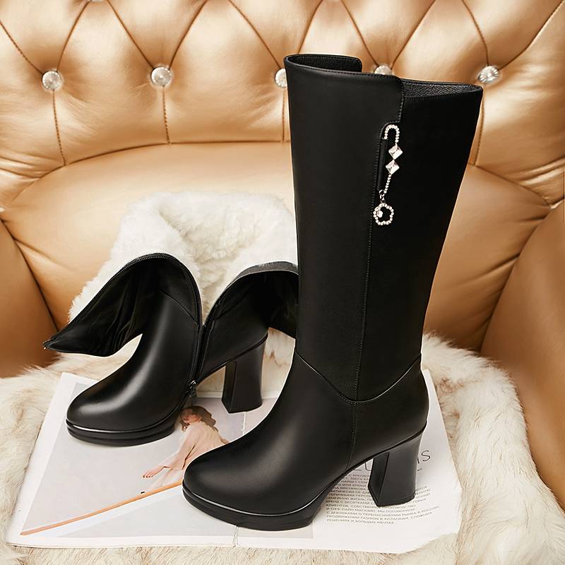 Winter new leather high boots boots, female plus wool thick heels, middle boots, high -heeled cotton boots, knights, knights