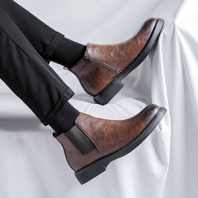 Chelsea boots men's leather summer breathable pointed short boots British style high -top leather shoes side zipper help Martin boots