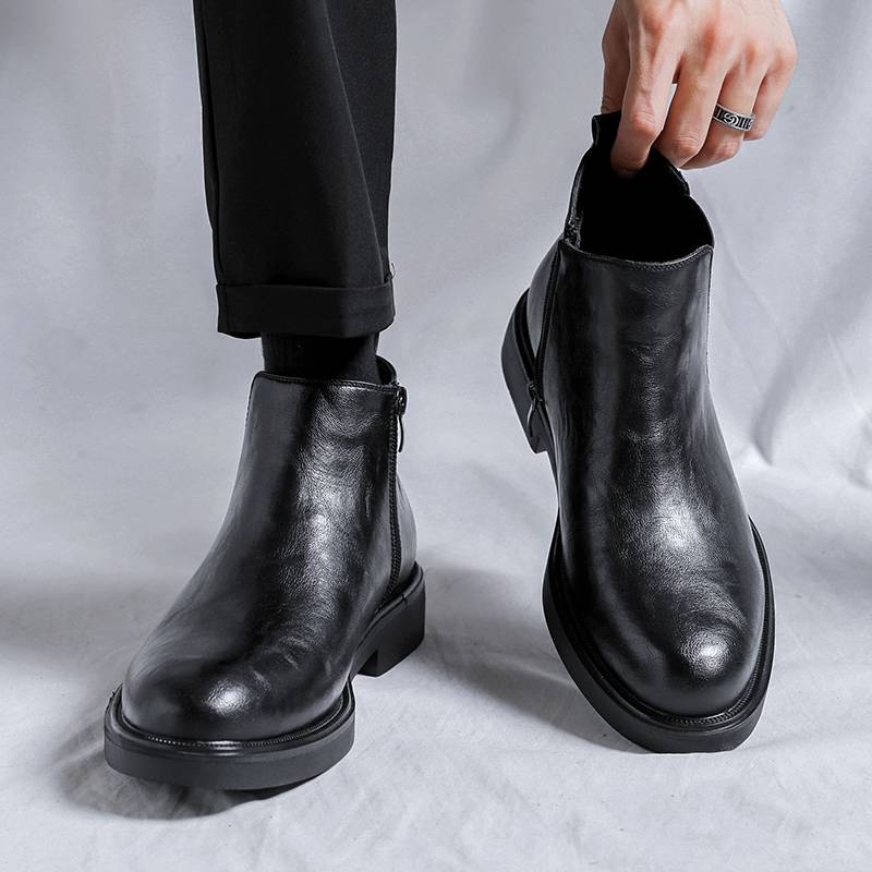 Chelsea boots men's leather summer breathable pointed short boots British style high -top leather shoes side zipper help Martin boots