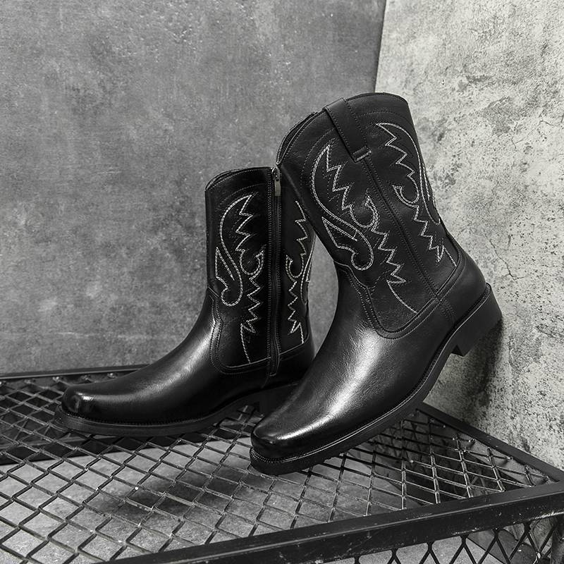 Leather American Western denim Martin Boots Male Yingfeng Side Zipper high boots Mongolian riding boots Knight boots