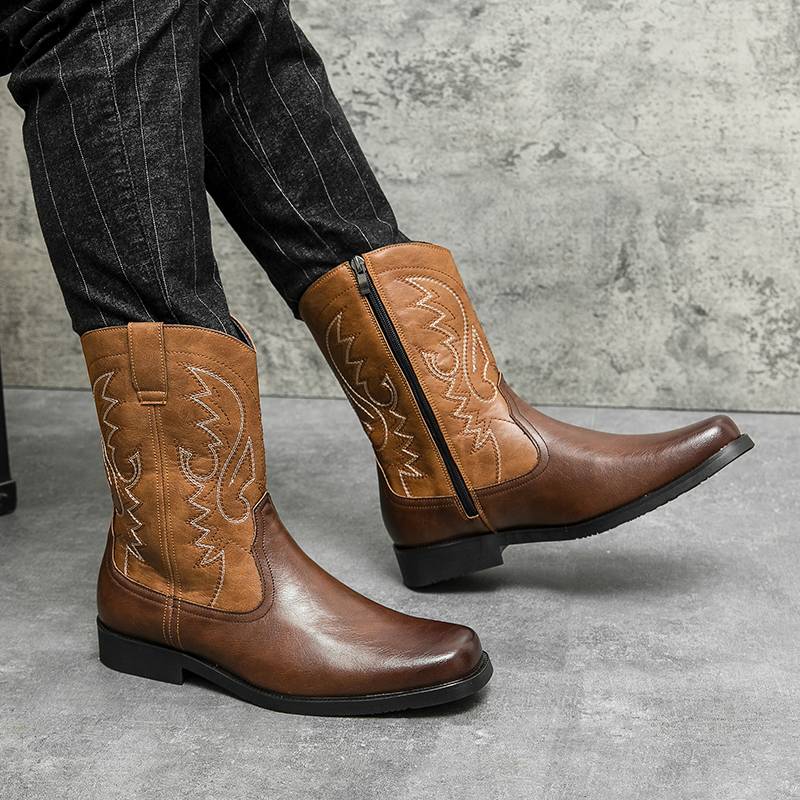 Leather American Western denim Martin Boots Male Yingfeng Side Zipper high boots Mongolian riding boots Knight boots