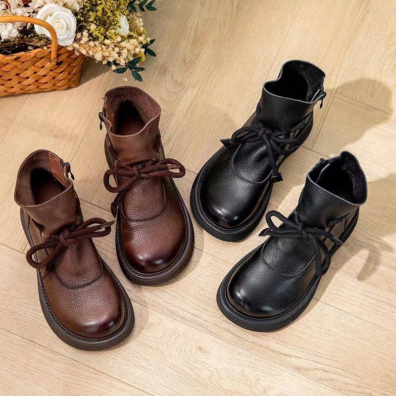 Youbai Yanxuan Women's Shoes Autumn and Winter New Plel Couple Retro low -tube comfortable Roman boots front lace Martin boots