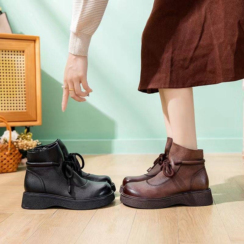 Youbai Yanxuan Women's Shoes Autumn and Winter New Plel Couple Retro low -tube comfortable Roman boots front lace Martin boots