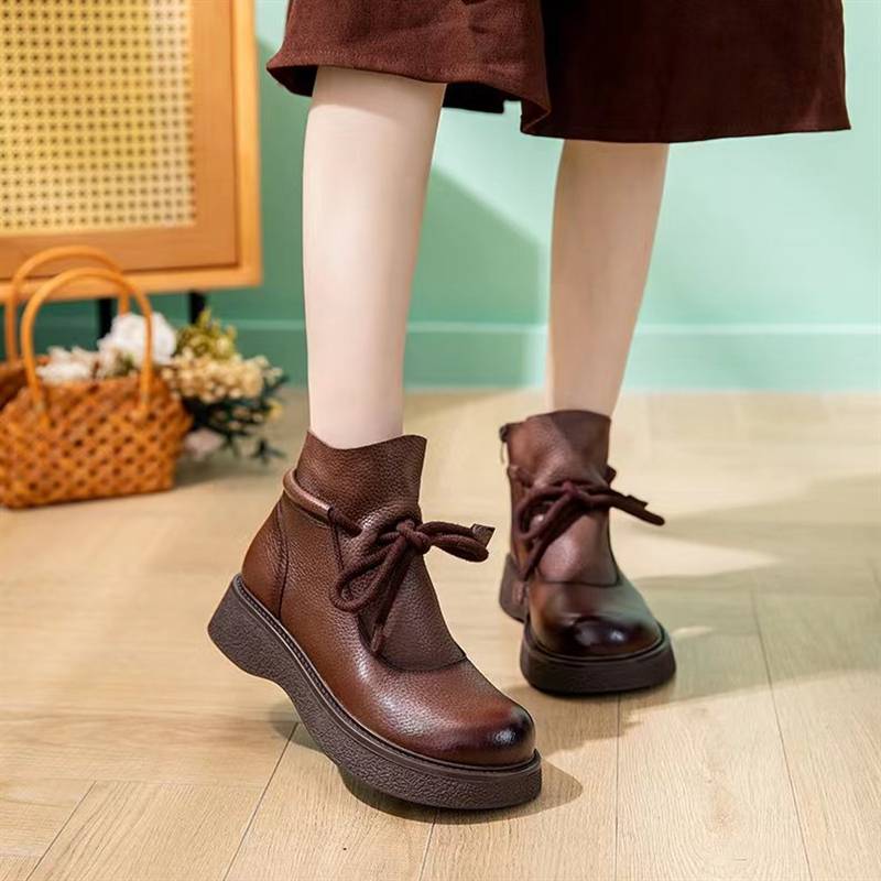 Youbai Yanxuan Women's Shoes Autumn and Winter New Plel Couple Retro low -tube comfortable Roman boots front lace Martin boots