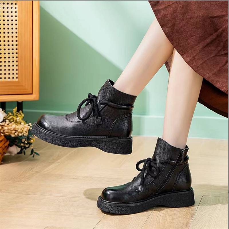 Youbai Yanxuan Women's Shoes Autumn and Winter New Plel Couple Retro low -tube comfortable Roman boots front lace Martin boots