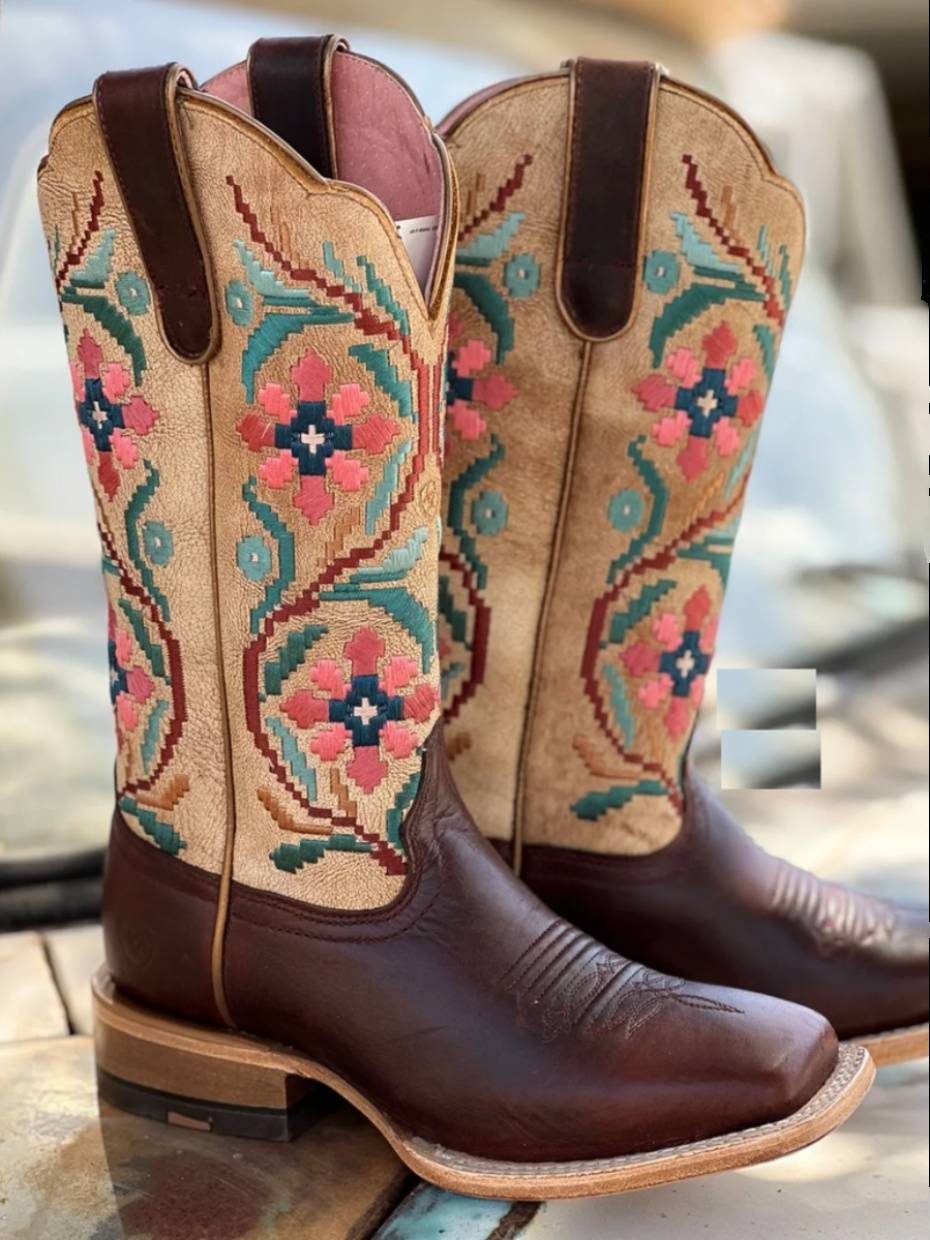 American ARIAT cowhide leather cubs colored embroidered high -horseproot boots, color retro western denim boys, women