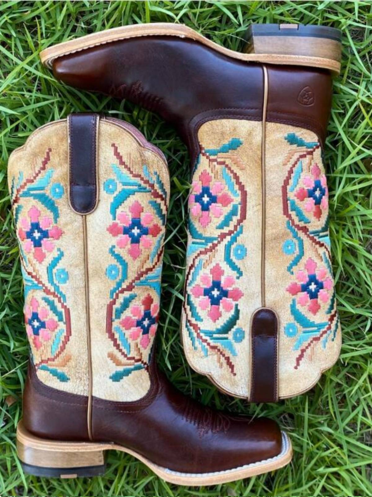 American ARIAT cowhide leather cubs colored embroidered high -horseproot boots, color retro western denim boys, women