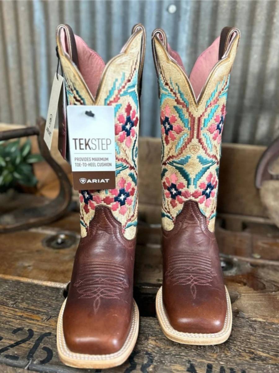 American ARIAT cowhide leather cubs colored embroidered high -horseproot boots, color retro western denim boys, women