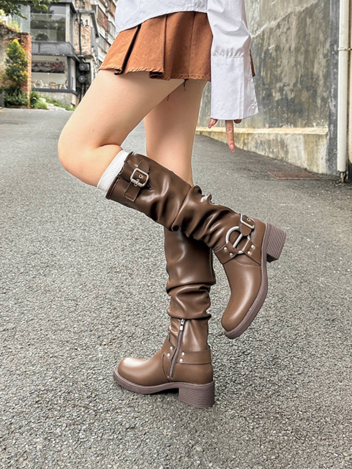 Leather ~ Jiaoyu Brown Knight Boots High, European and American Western Western Bottering Folding Wind Boot Boot Boot Boots Women